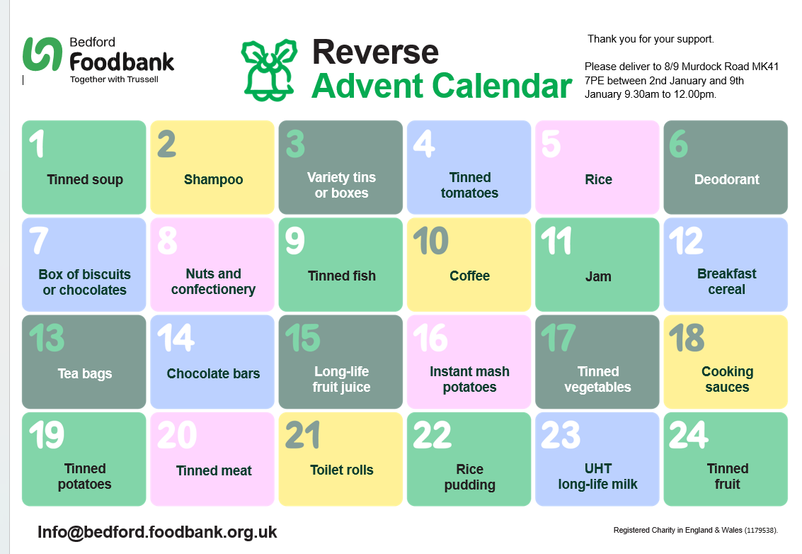 Reverse Advent Calendar for Christmas 2024 Bedford Foodbank